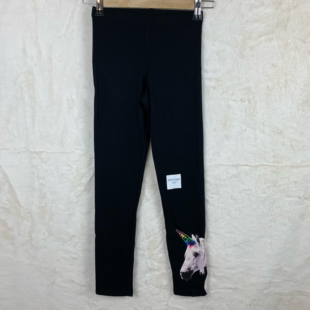 Old Navy Big Girl Solid Black Leggings with Unicorn Head on Leg New